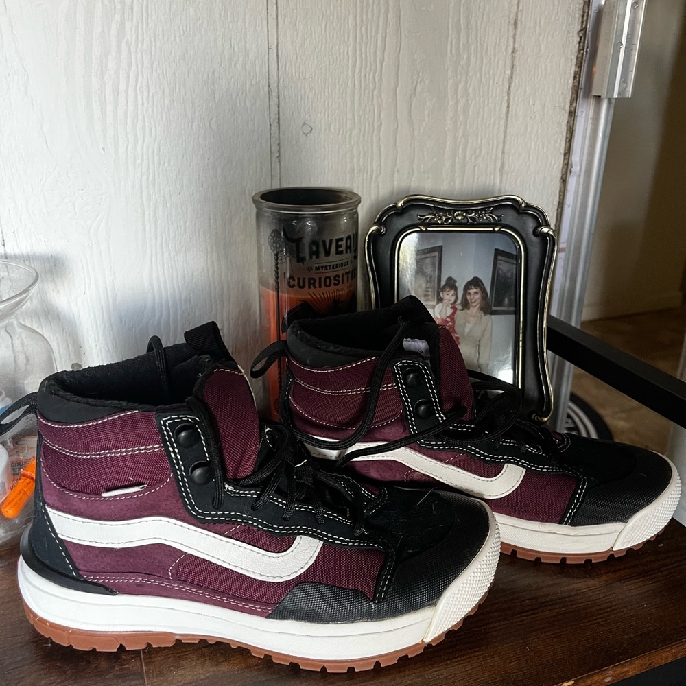 Burgundy and Black High-Top Vans Hiking Sneakers